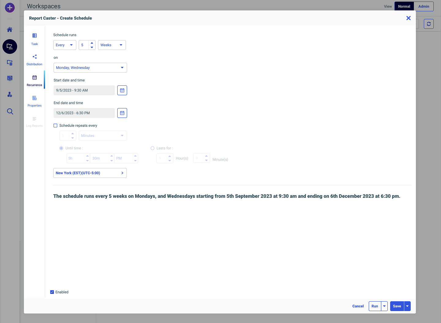 Weekly recurrence with an auto-generated natural-language summary